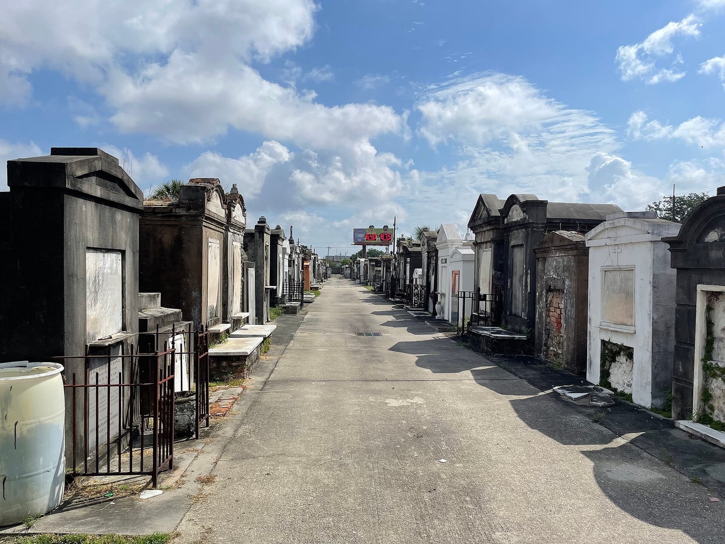 Whitewashed above-ground tombs and crypts at St. Louis Cemetery No. 2 in New Orleans, the 1823 burial ground on North Claiborne Avenue.