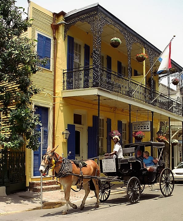 Exterior of the Andrew Jackson Hotel at 919 Royal Street in the New Orleans French Quarter, on the site of an 1794 Spanish Colonial boys' school and orphanage