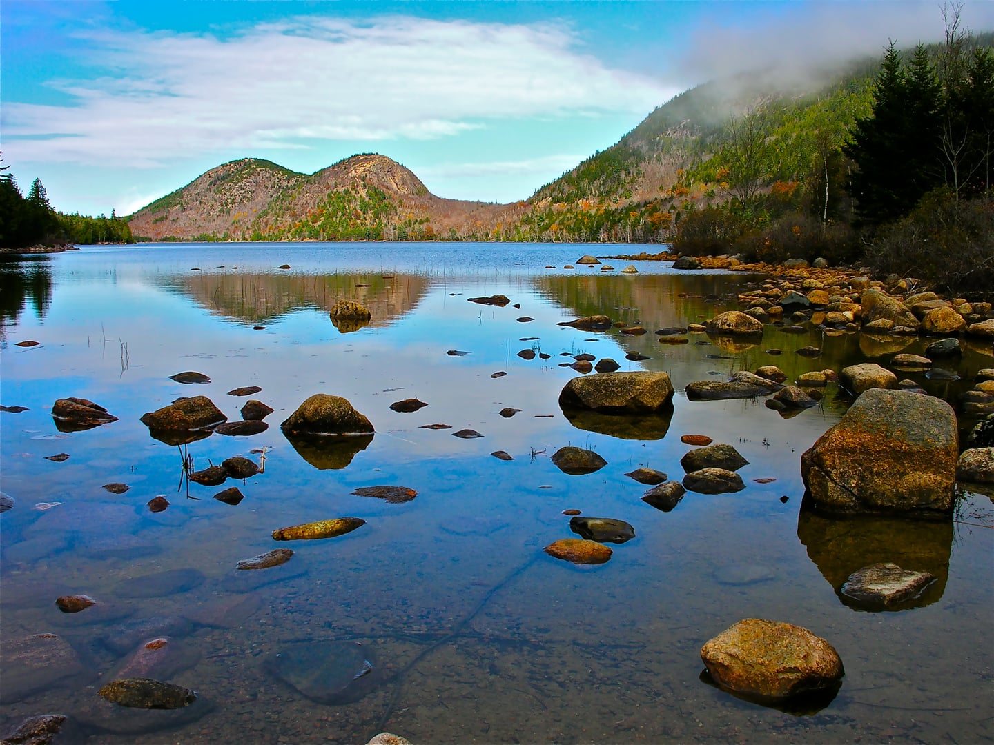 Jordan Pond and The Bubbles glacial peaks at Acadia National Park, Mount Desert Island, Maine