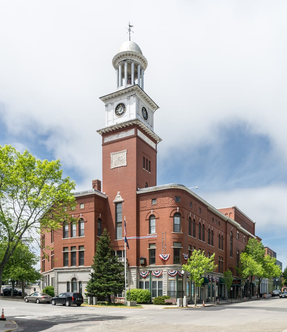 Biddeford City Hall and City Theater building, a National Register-listed civic complex on Main Street in Biddeford, Maine.