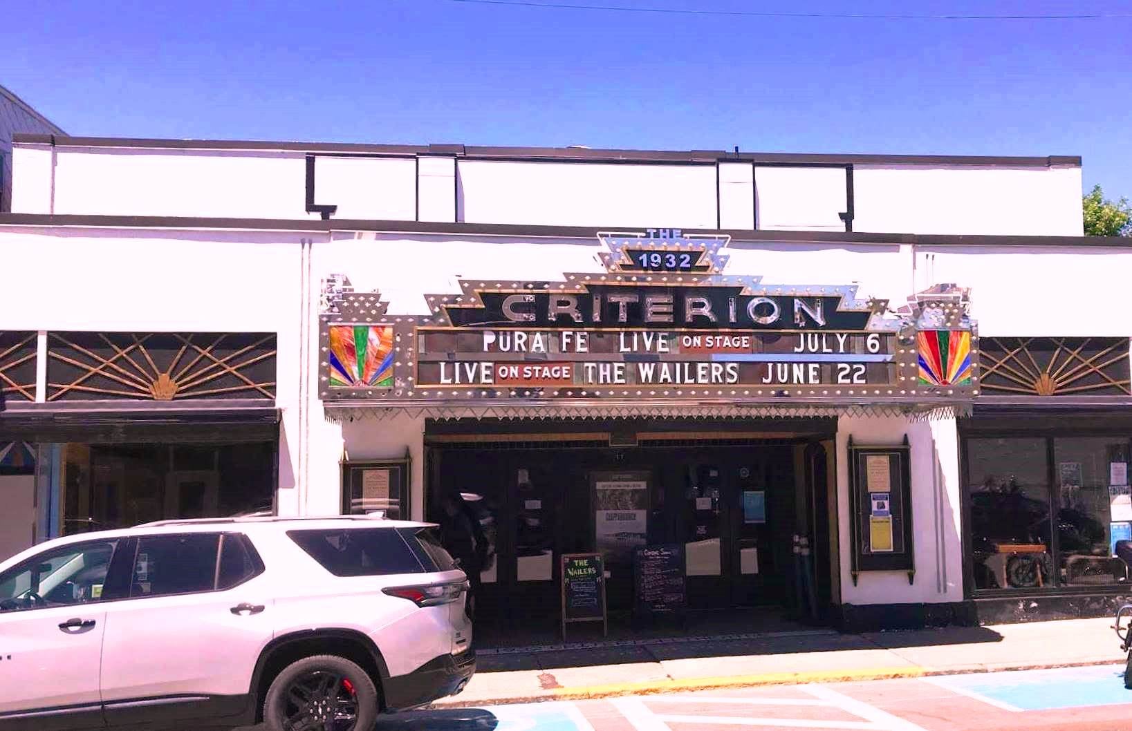 Exterior marquee of the 1932 Criterion Theatre on Cottage Street in Bar Harbor, Maine
