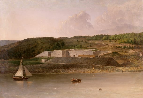 Granite walls of Fort Knox State Historic Site overlooking the Penobscot River in Prospect, Maine