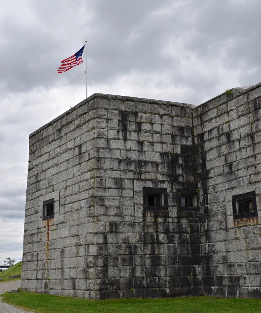 Granite walls of Fort Knox State Historic Site overlooking the Penobscot River in Prospect, Maine