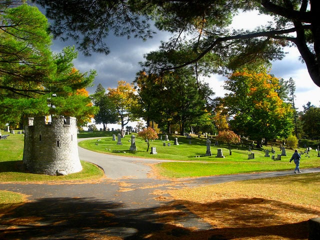 Monuments and landscaped grounds at Mount Hope Cemetery in Bangor, Maine