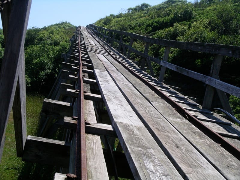 The wooden tramway running from the harbor up to the Seguin Island Light Station yard, used to winch supplies to the lighthouse, 2008.