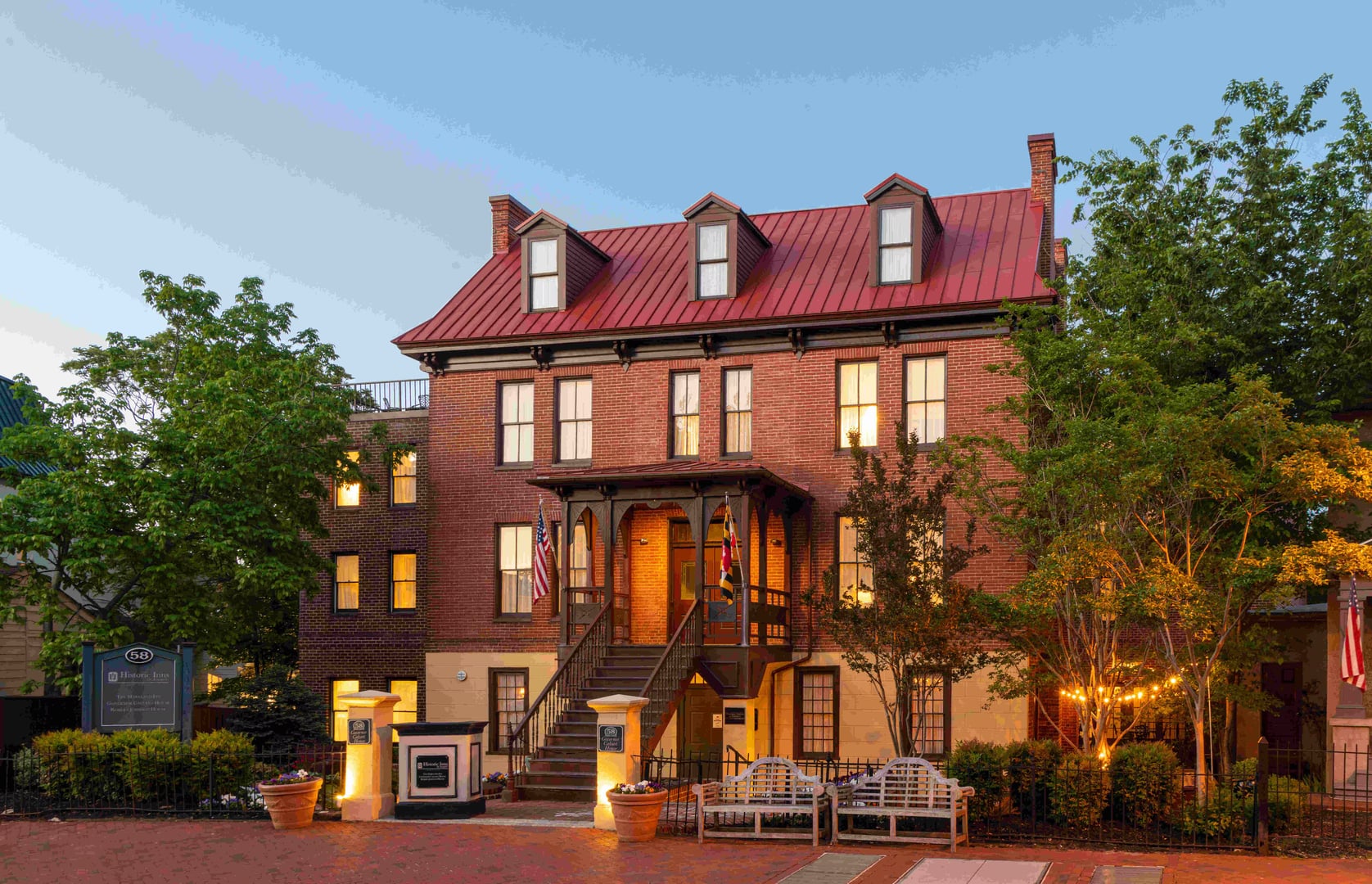 The Governor Calvert House facade on State Circle in Annapolis, part of the Historic Inns of Annapolis