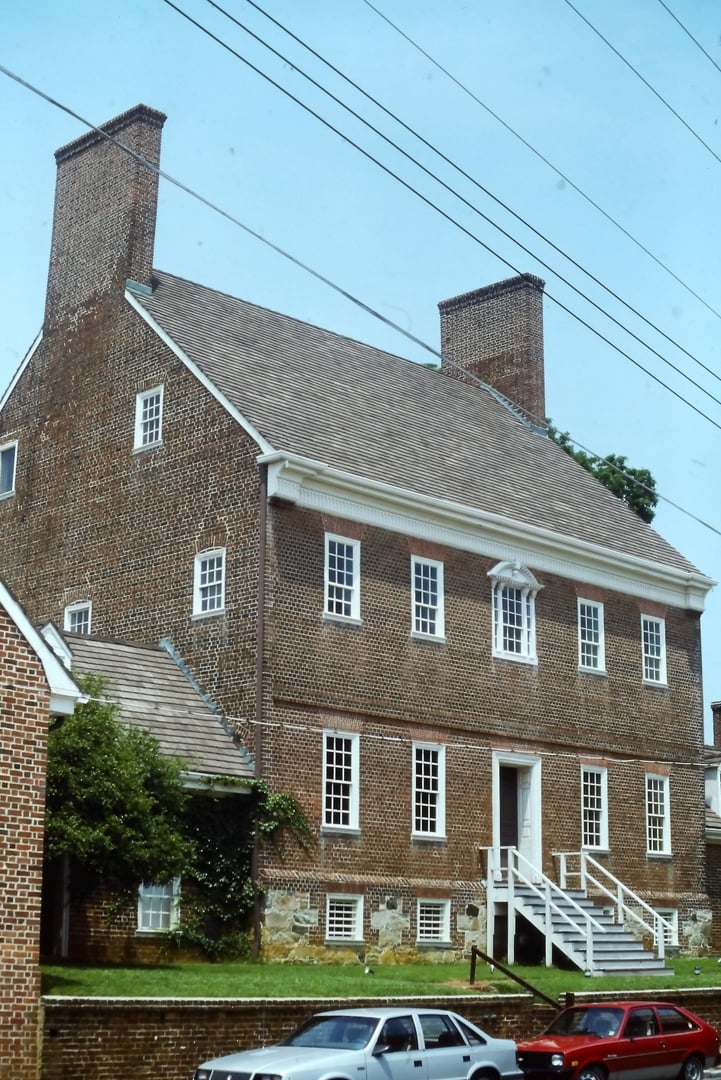 The five-part Georgian brick facade of the James Brice House on East Street in Annapolis