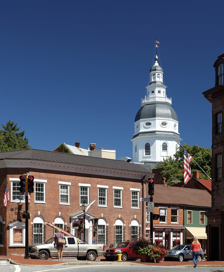 The 1772 Maryland State House in Annapolis, the oldest U.S. state capitol in continuous legislative use, crowned by its all-wood dome