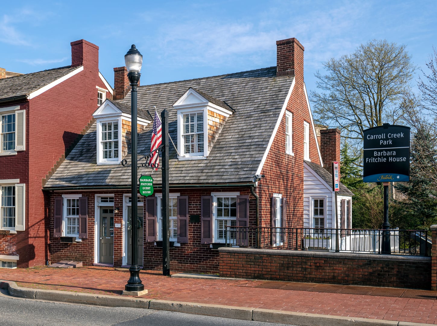 Exterior view of the Barbara Fritchie House on West Patrick Street in Frederick, Maryland, a 1927 reconstruction of the original Civil War-era home listed in the Frederick Historic District.