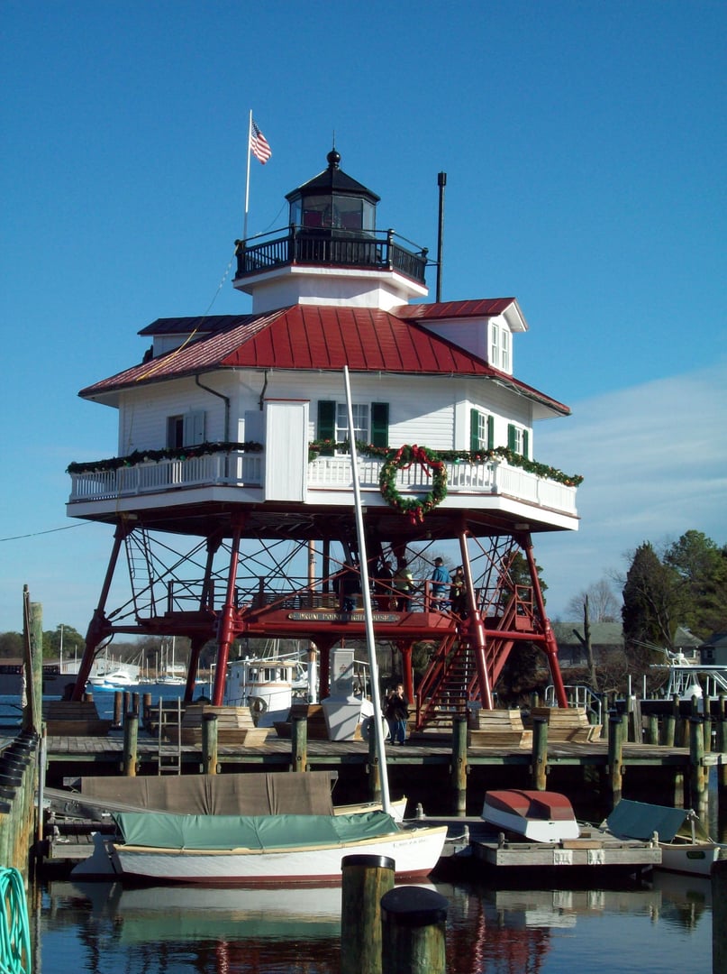 Hexagonal screw-pile Drum Point Lighthouse on display at the Calvert Marine Museum in Solomons, Maryland