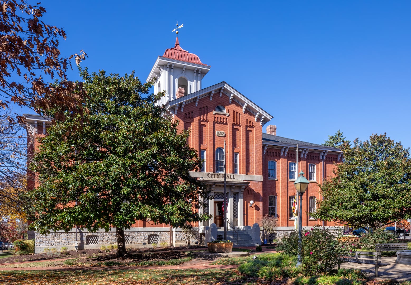 Italianate facade and cupola of Frederick City Hall, the former Frederick County Courthouse, on Court Square in Frederick, Maryland.