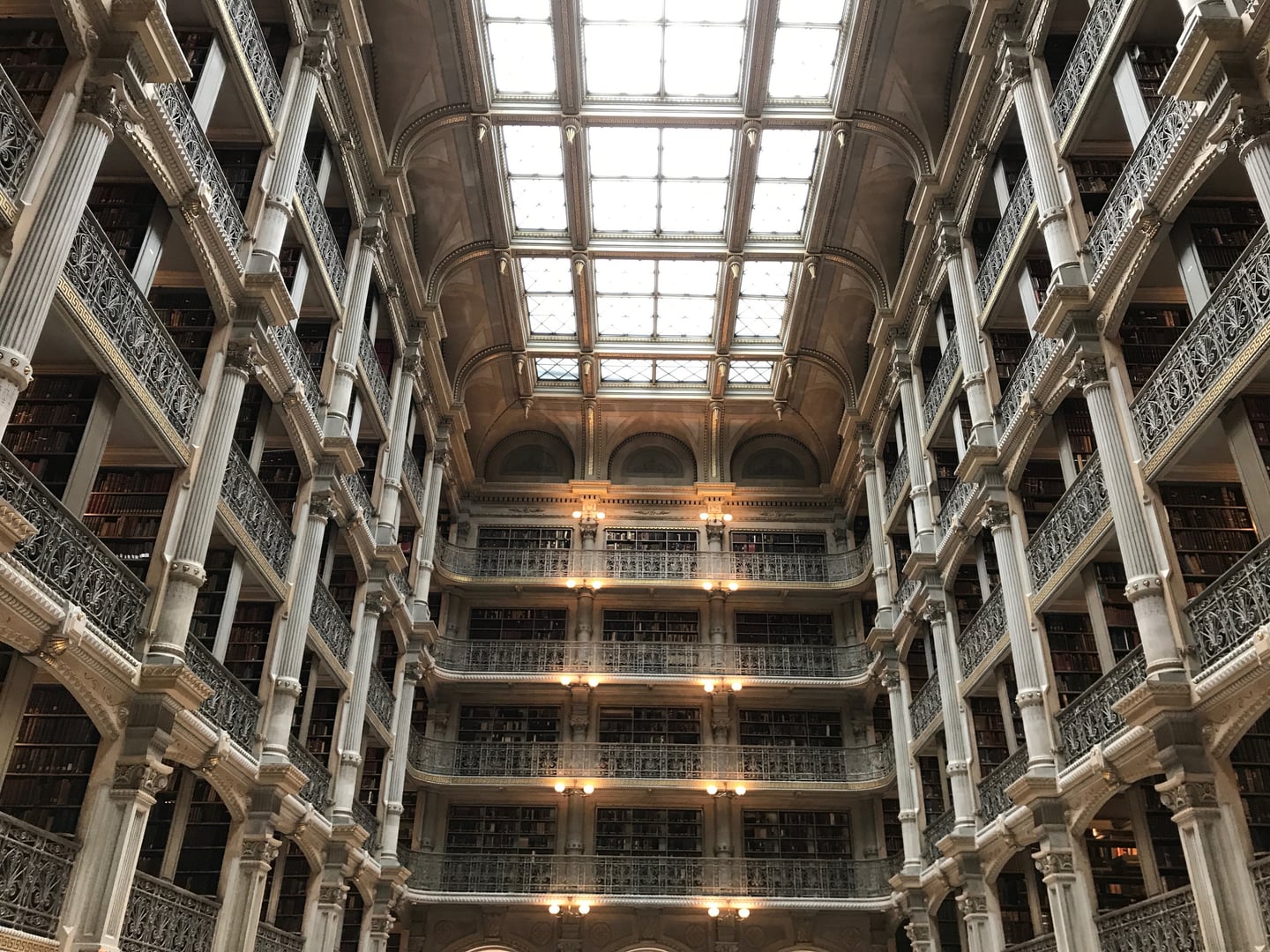 Interior of the George Peabody Library showing the five-tier cast-iron stack atrium