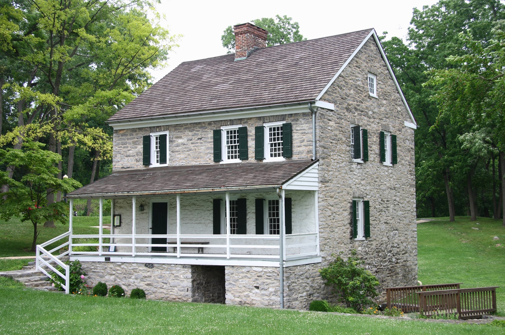 Stone exterior of the 1739 Jonathan Hager House Museum in Hagerstown City Park, Maryland