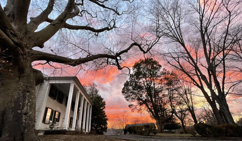 Atmospheric dusk view of Linville Manor, a white-columned 1852 Greek Revival mansion in Upper Marlboro, Maryland, framed by bare winter trees against a pink and orange sunset sky
