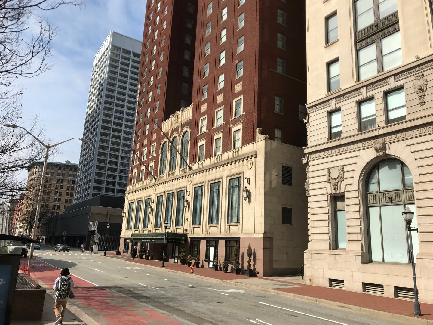 Exterior of the 23-story French Renaissance Lord Baltimore Hotel in downtown Baltimore