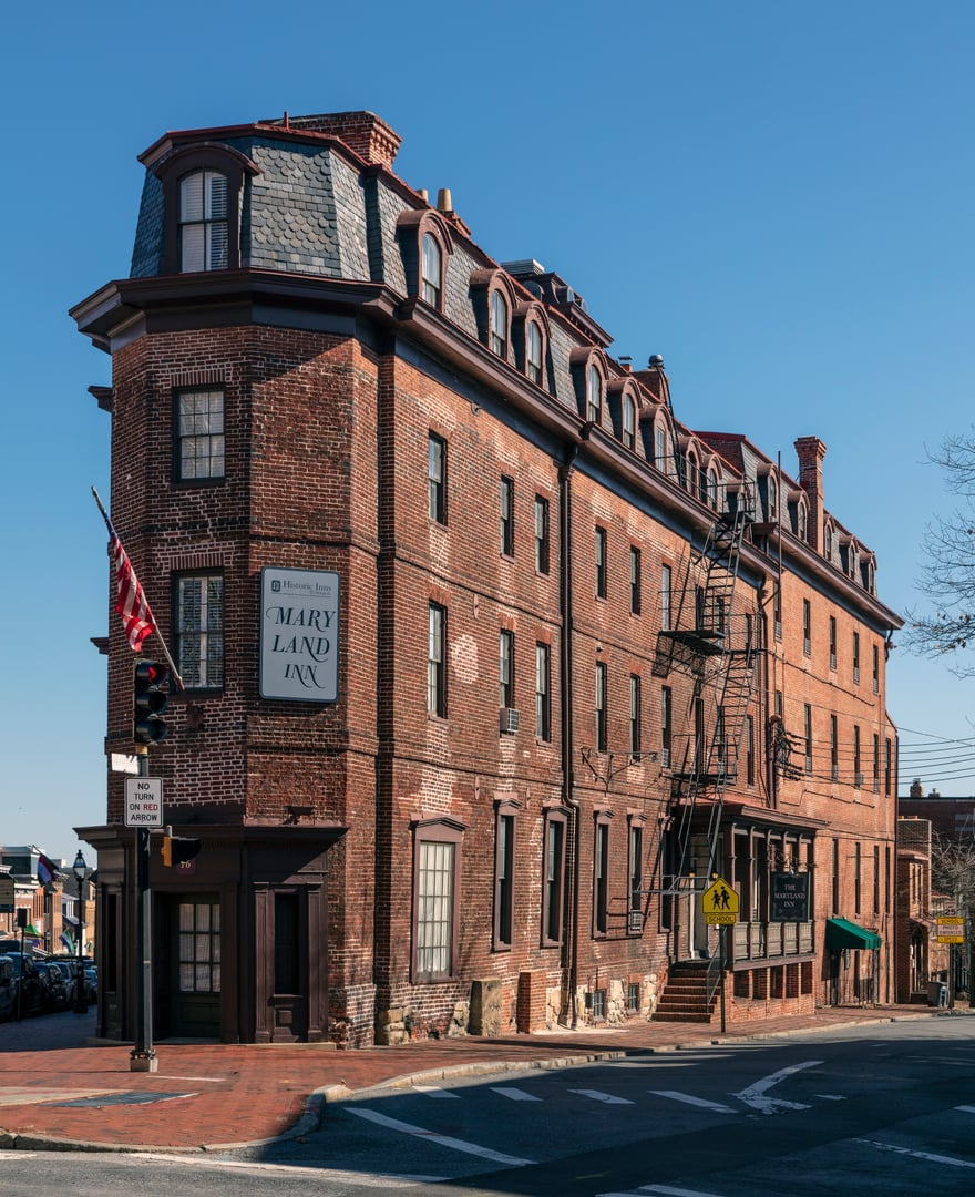 Maryland Inn historic Colonial-era hotel facade in Annapolis Historic District, Maryland