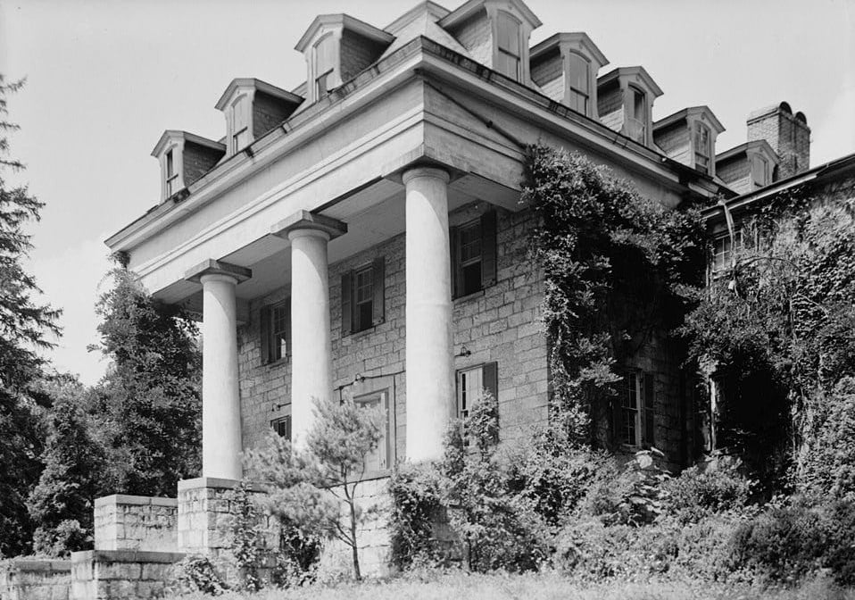 The roofless stone ruins of the Patapsco Female Institute in Ellicott City, Maryland.