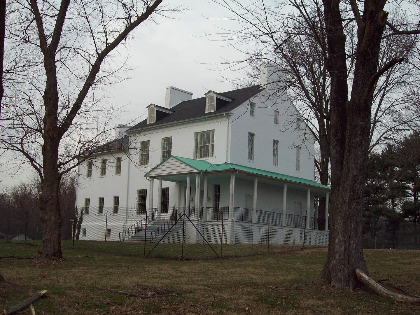 Exterior of Perry Hall Mansion in Perry Hall, Baltimore County, Maryland, photographed in December 2009 showing the historic brick Greek Revival facade.