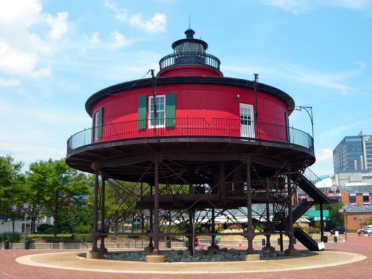 Seven Foot Knoll Lighthouse, Maryland's oldest screwpile lighthouse, now relocated to Pier 5 at Baltimore's Inner Harbor