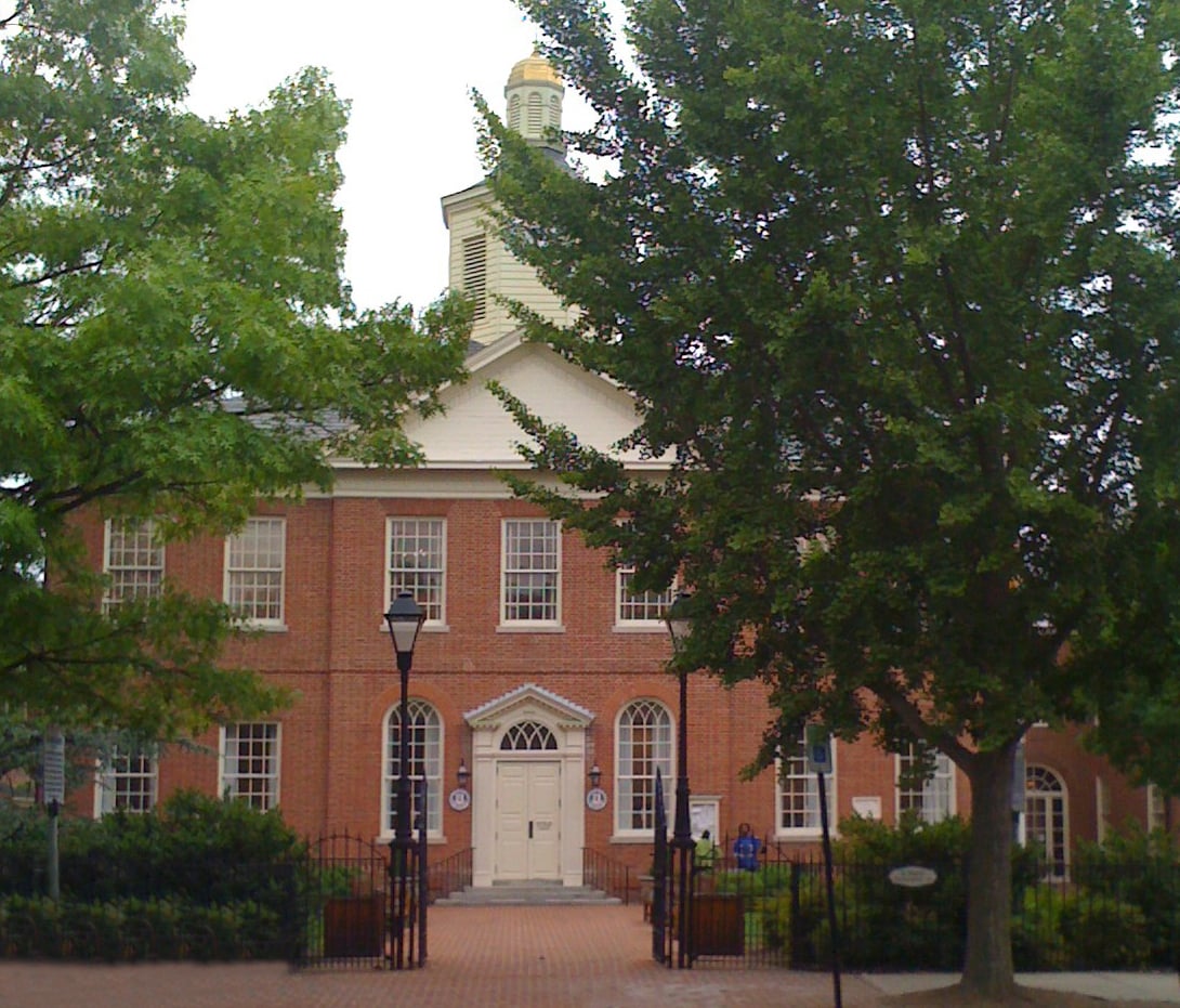 The Talbot County Courthouse, a brick Georgian building on the square in Easton, Maryland.