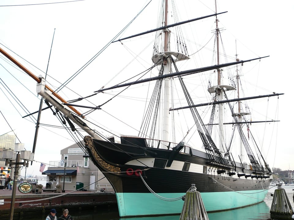 USS Constellation's bow and full standing rigging at her Baltimore Inner Harbor berth, 2008.