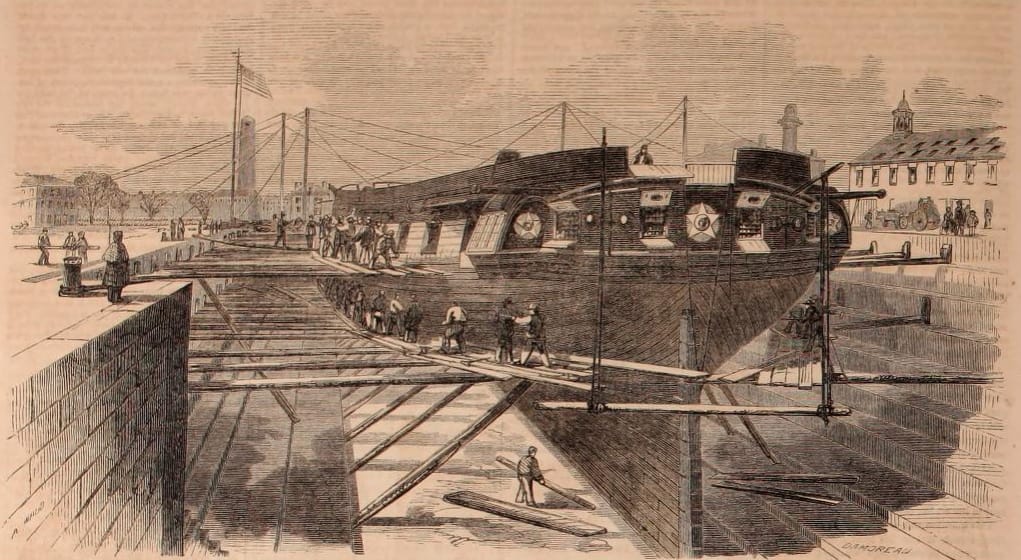 An 1859 wood engraving of USS Constellation in dry dock at the Charlestown (Boston) Navy Yard, from Ballou's Pictorial Drawing-Room Companion.