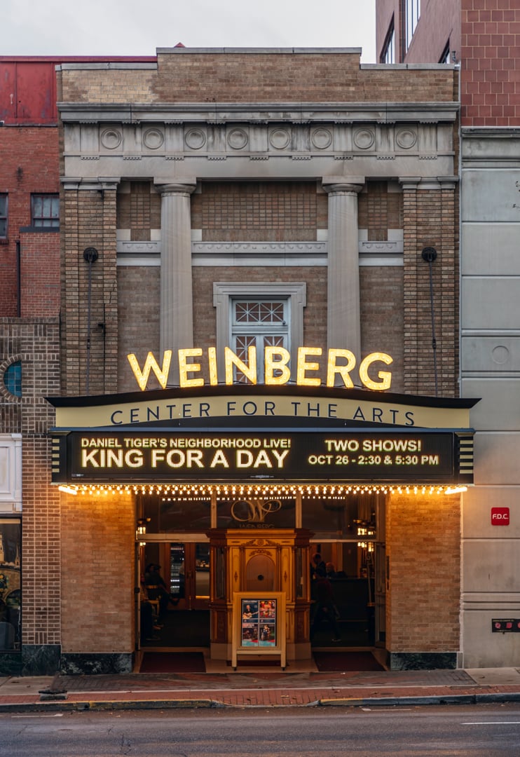 Exterior of the Weinberg Center for the Arts, formerly the 1926 Tivoli Theatre, on West Patrick Street in Frederick, Maryland.