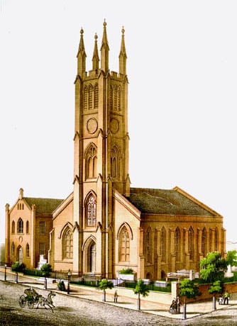 Historic c.1857 lithograph of Gothic Revival Westminster Presbyterian Church and Burying Ground in Baltimore Maryland