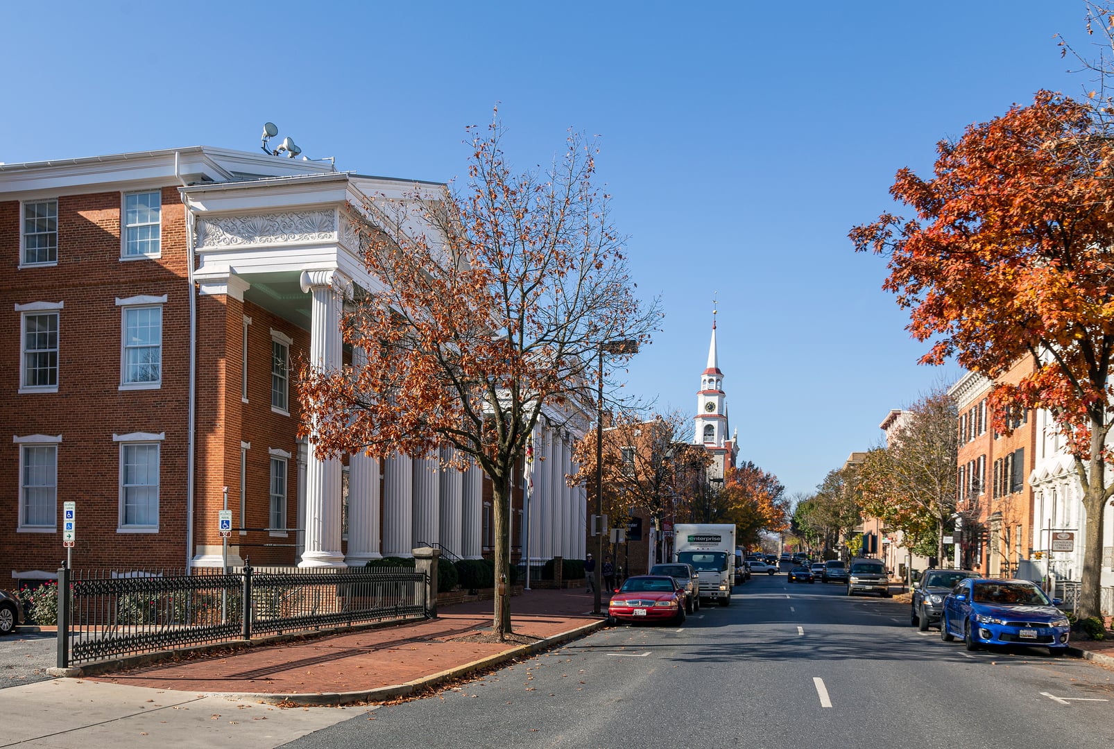 Winchester Hall, the 1843 Greek Revival seat of Frederick County government, photographed in Frederick, Maryland.