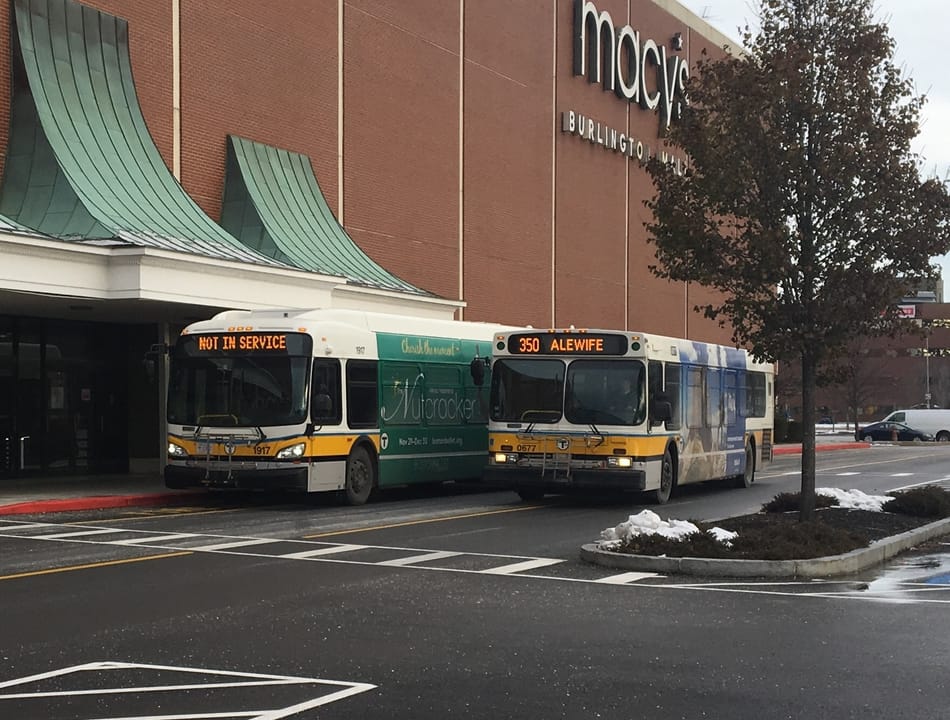 MBTA route 350 and 351 buses at Burlington Mall in November 2018