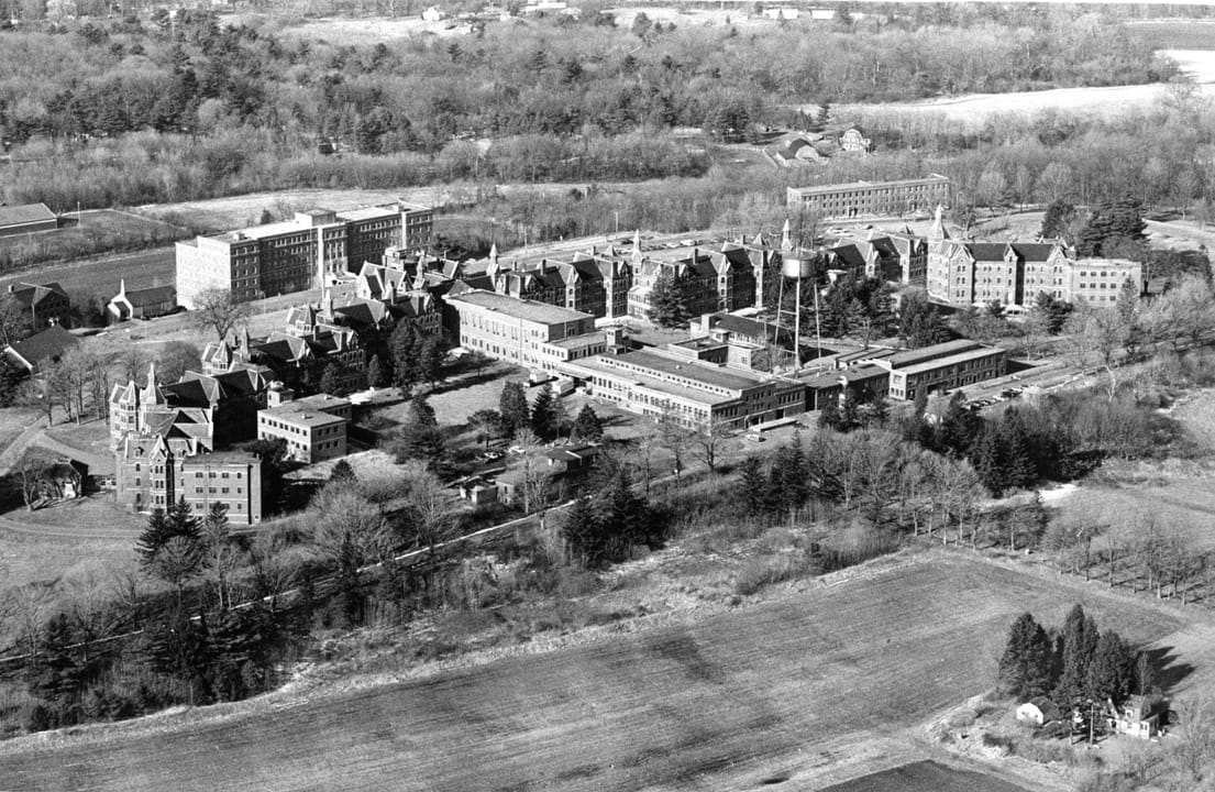 Historic c.1893 photograph of the Kirkbride Complex at Danvers State Hospital, the sprawling Gothic asylum in Danvers, Massachusetts