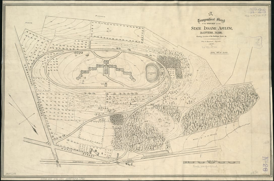 A period topographical sketch of the hospital grounds, showing the Kirkbride building footprint and surrounding landscaped site