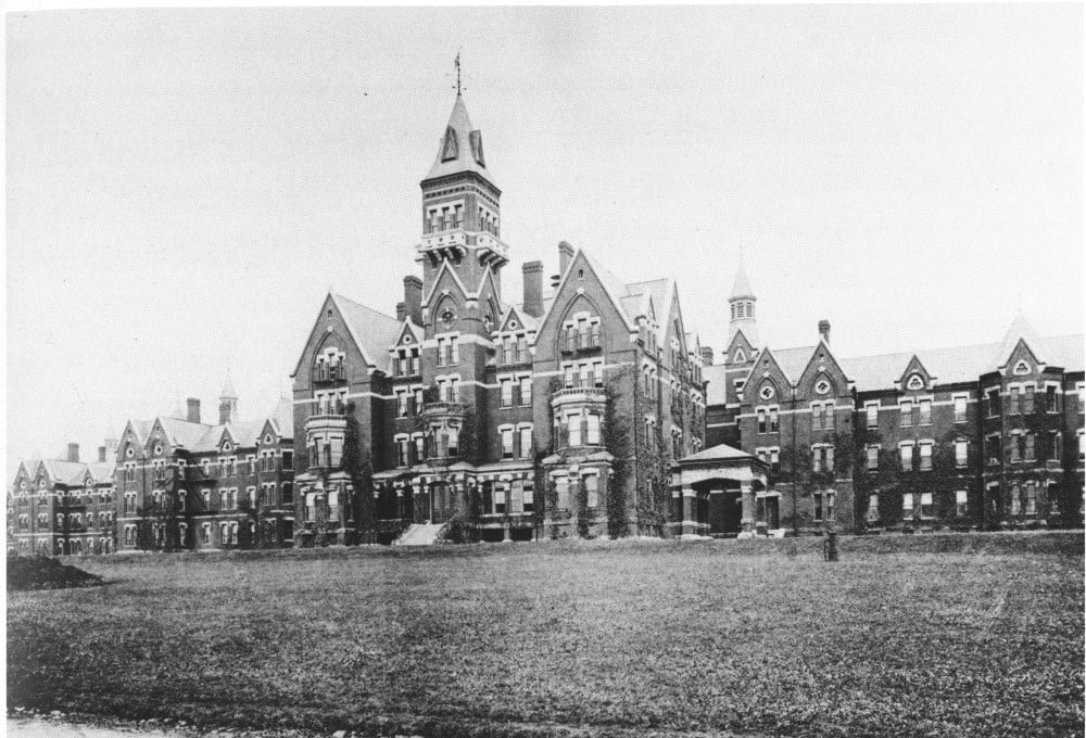 Historic c.1893 photograph of the Kirkbride Complex at Danvers State Hospital, the sprawling Gothic asylum in Danvers, Massachusetts