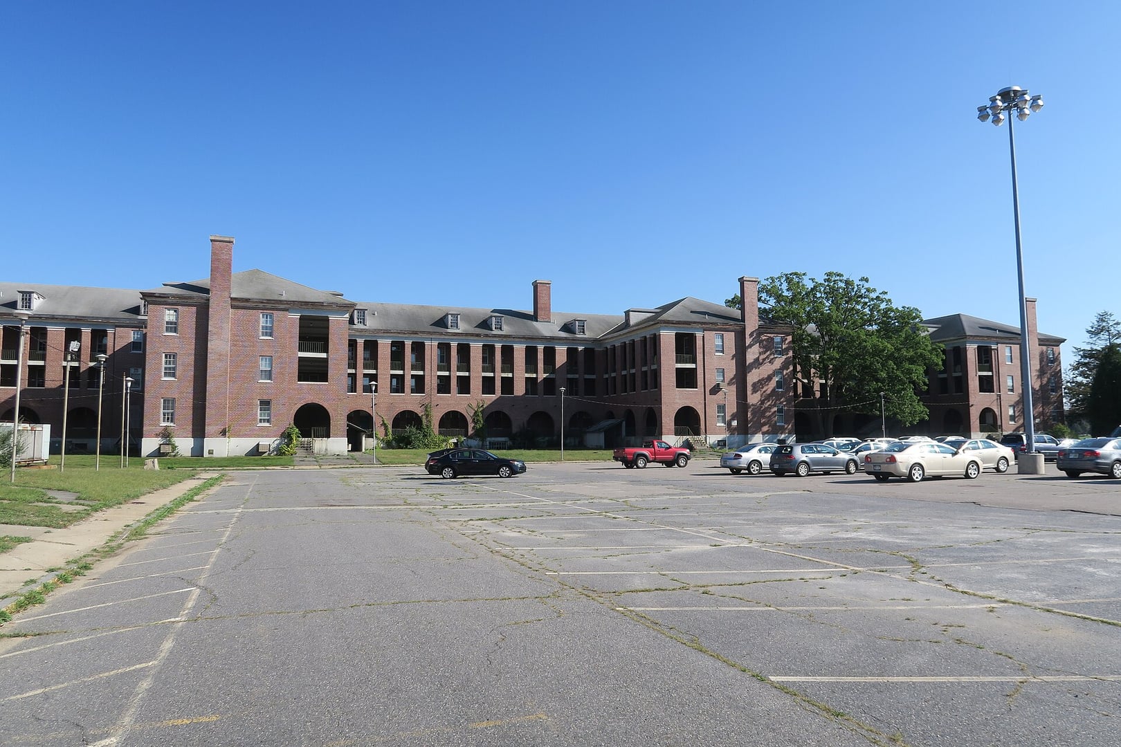 Vicksburg Square at the historic core of Fort Devens, Massachusetts, looking east toward the former Lovell General Hospital buildings