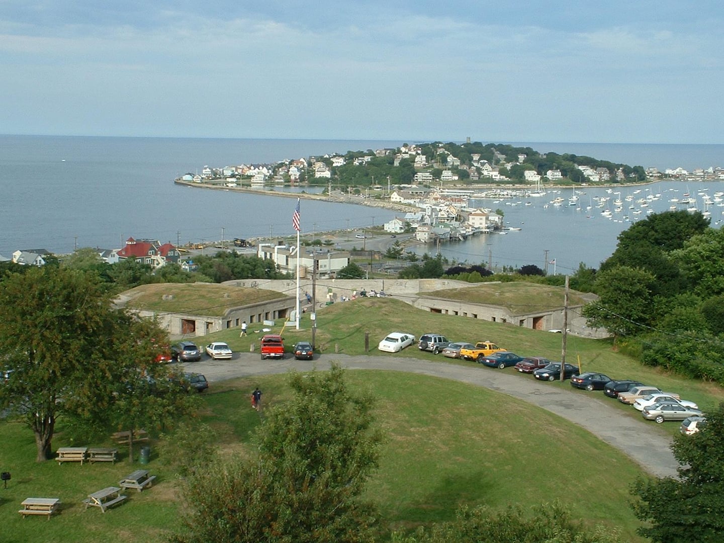 View from the Fort Revere water tower over the historic fort and Massachusetts Bay in Hull, Massachusetts.