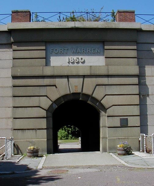 Granite sally port arched entrance of Fort Warren on Georges Island in Boston Harbor