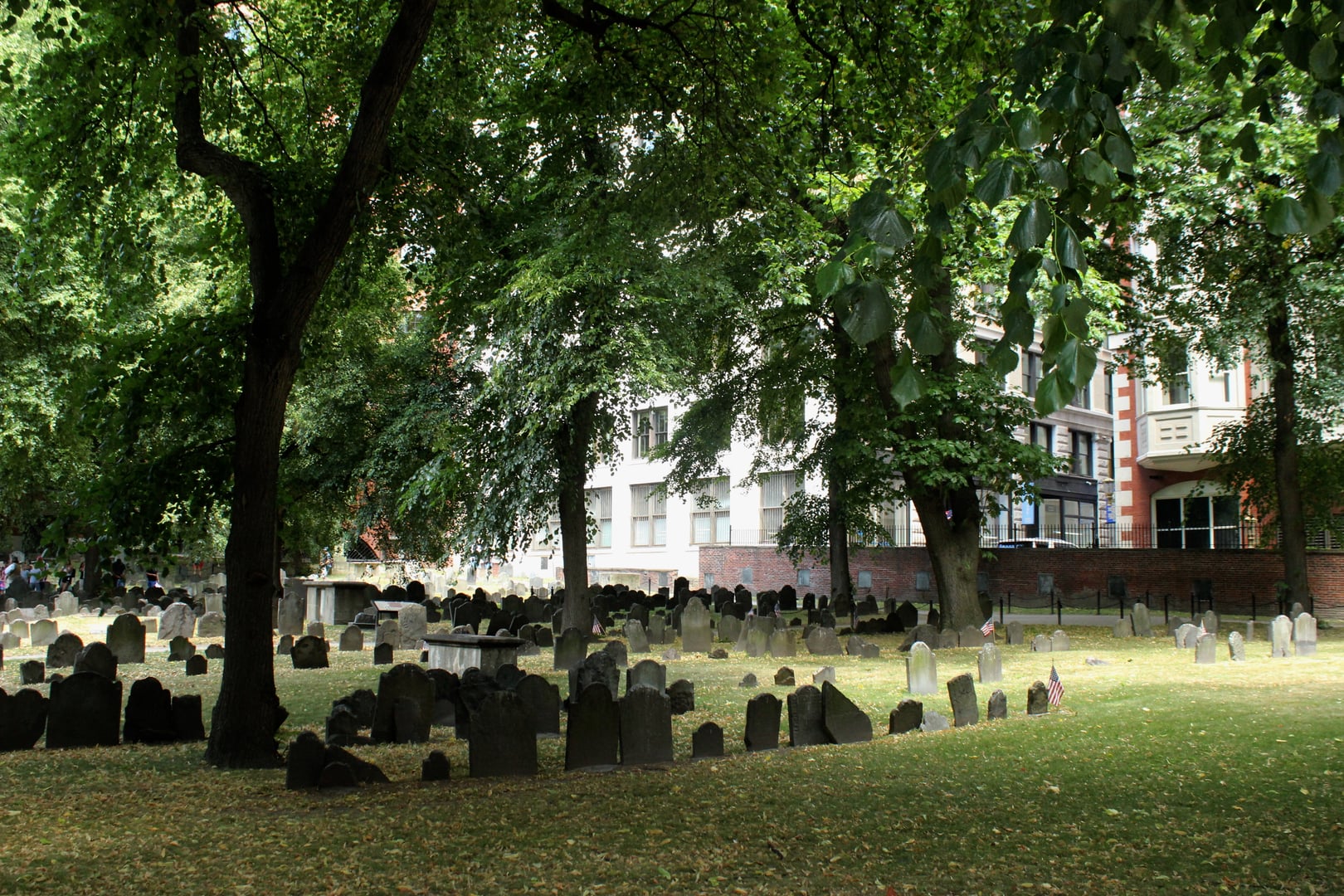 Historic slate gravestones of Granary Burying Ground on Tremont Street in Boston, Massachusetts