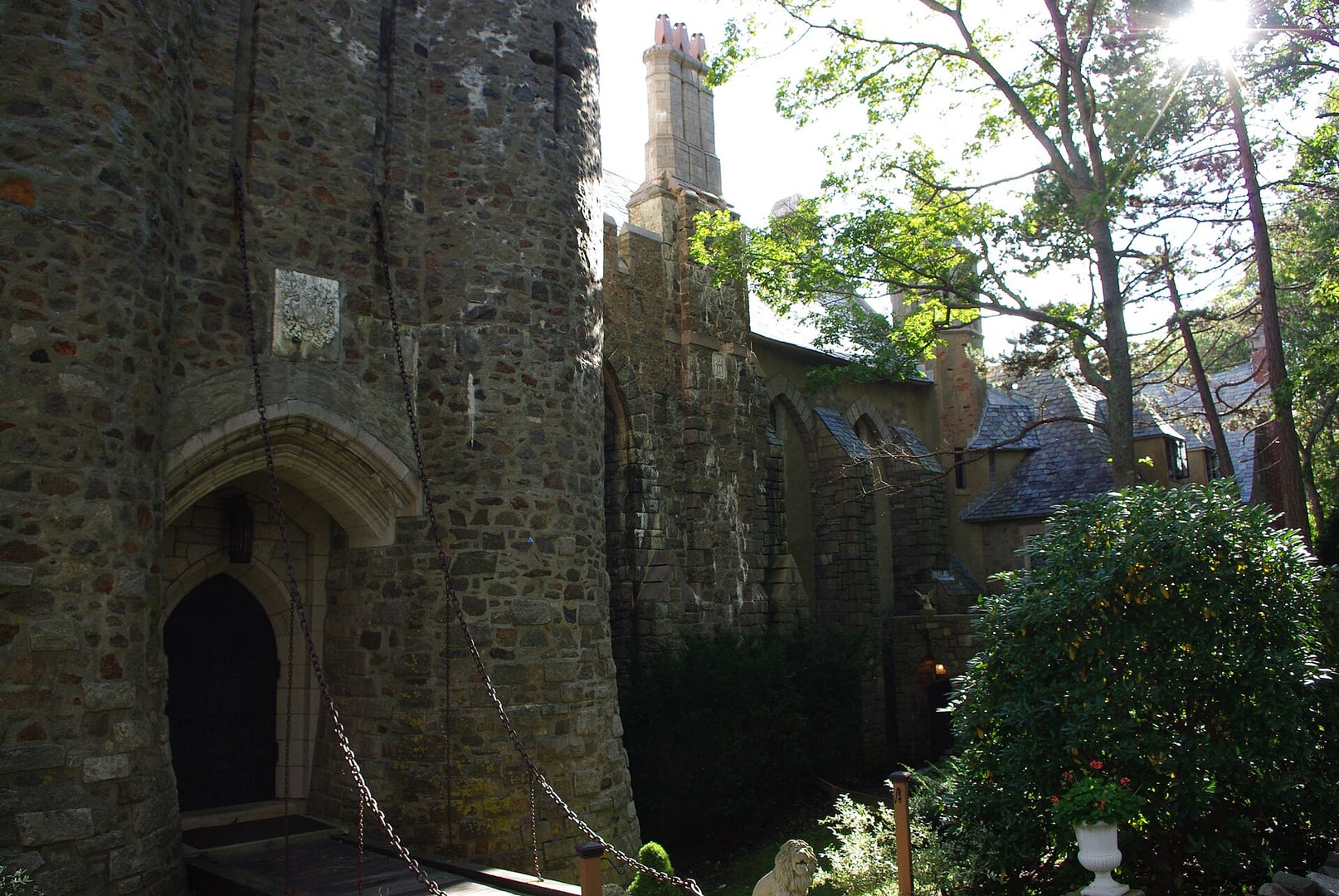 Front facade of Hammond Castle Museum, a medieval-style stone castle at 80 Hesperus Avenue in Gloucester, Massachusetts