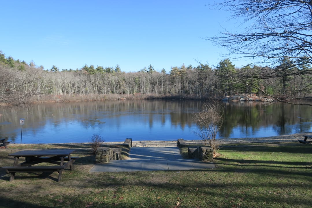 Single-track forest trail in Harold Parker State Forest, a 3,000-acre wooded preserve in Essex County, Massachusetts
