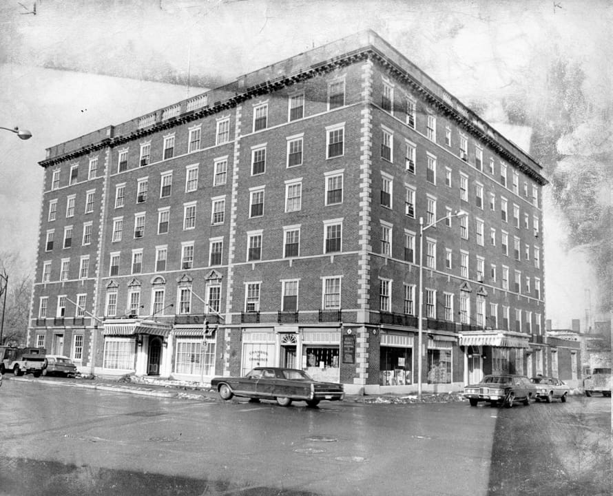 Exterior of the Hawthorne Hotel, a six-story 1925 brick hotel on Washington Square in Salem, Massachusetts