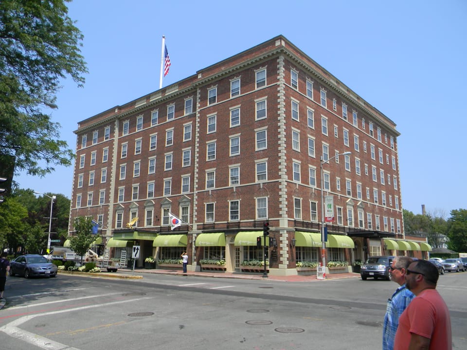A head-on corner view of the Hawthorne Hotel's two street-facing facades, Salem, Massachusetts, July 2015.