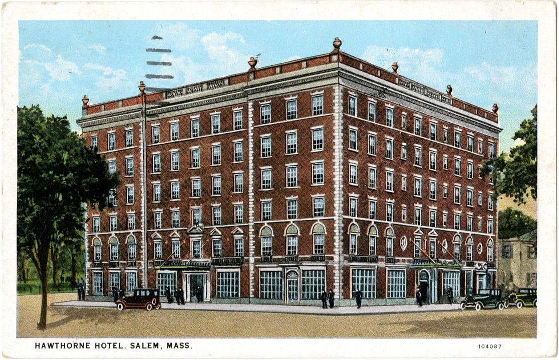 A hand-tinted postcard view of the Hawthorne Hotel at its Washington Square and Essex Street corner, Salem, Massachusetts, published by Curt Teich Co.