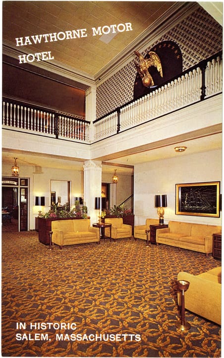 A postcard view of the Hawthorne Motor Hotel's two-story lobby, with its balustraded mezzanine and seating area, Salem, Massachusetts.