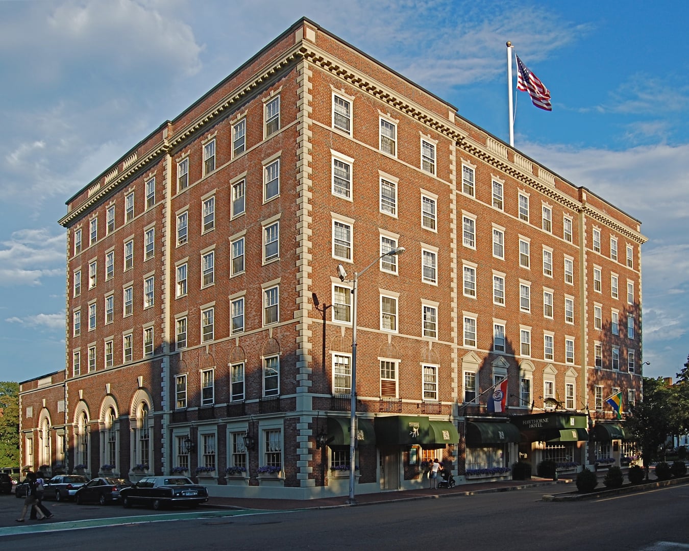 Exterior of the Hawthorne Hotel, a six-story 1925 brick hotel on Washington Square in Salem, Massachusetts