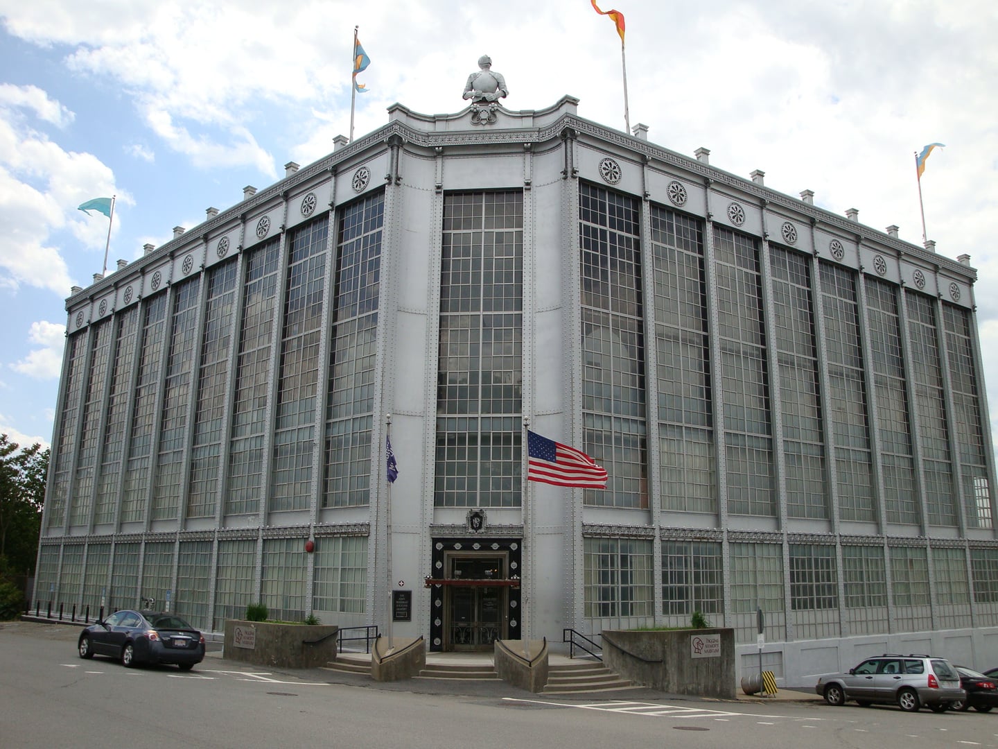 Steel-and-glass facade of the Higgins Armory Museum on Barber Avenue, opened 1931 as the Museum of Steel and Glass, Worcester, Massachusetts