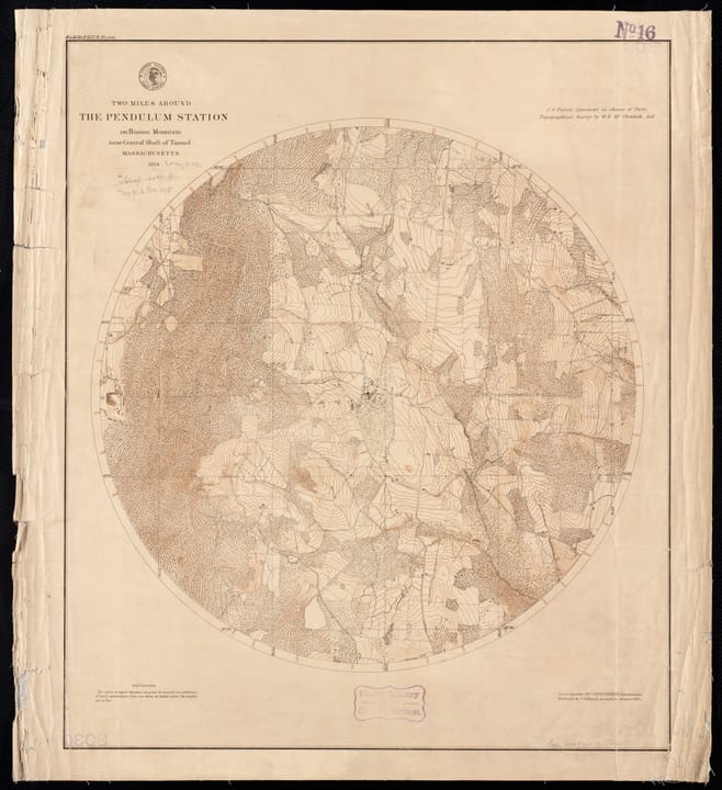 1875 Two miles around the pendulum station on Hoosac Mountain near central shaft of tunnel, Massachusetts, 1874, by W. E. McClintock, C. S. Peirce, from the Digital Commonwealth - commonwealth wd376624v. (https://www.digitalcommonwealth.org/search/commonwealth:wd376624v)
