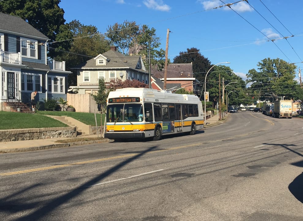 MBTA route 71 trolleybus near Adams Avenue in East Watertown in October 2019