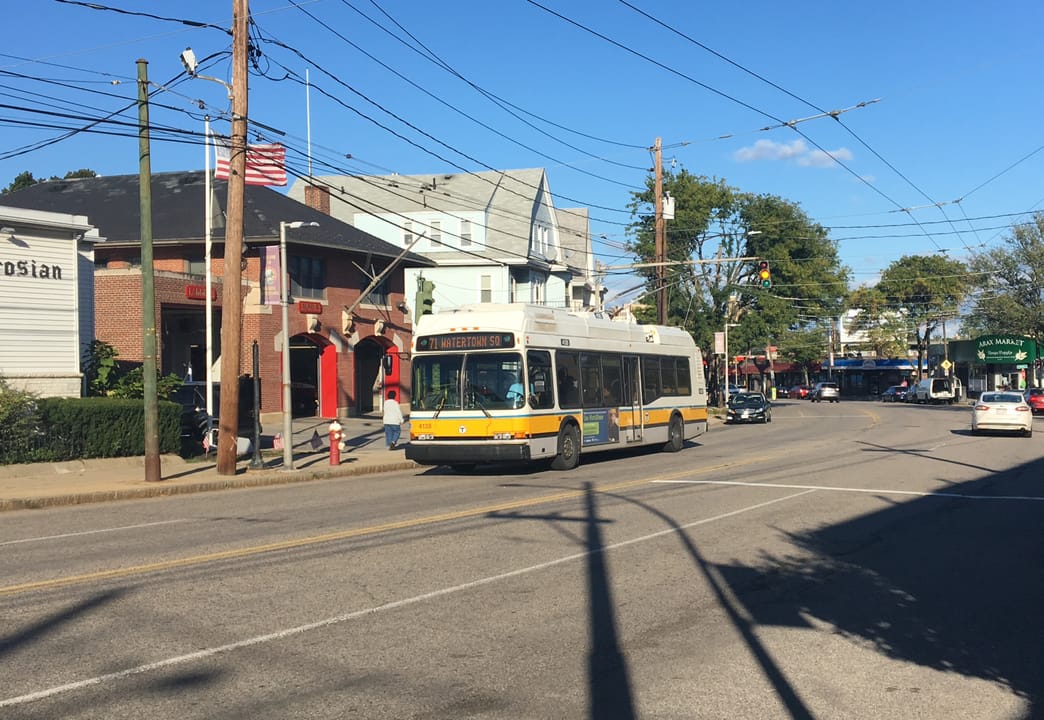 MBTA route 73 trolleybus in East Watertown in October 2019