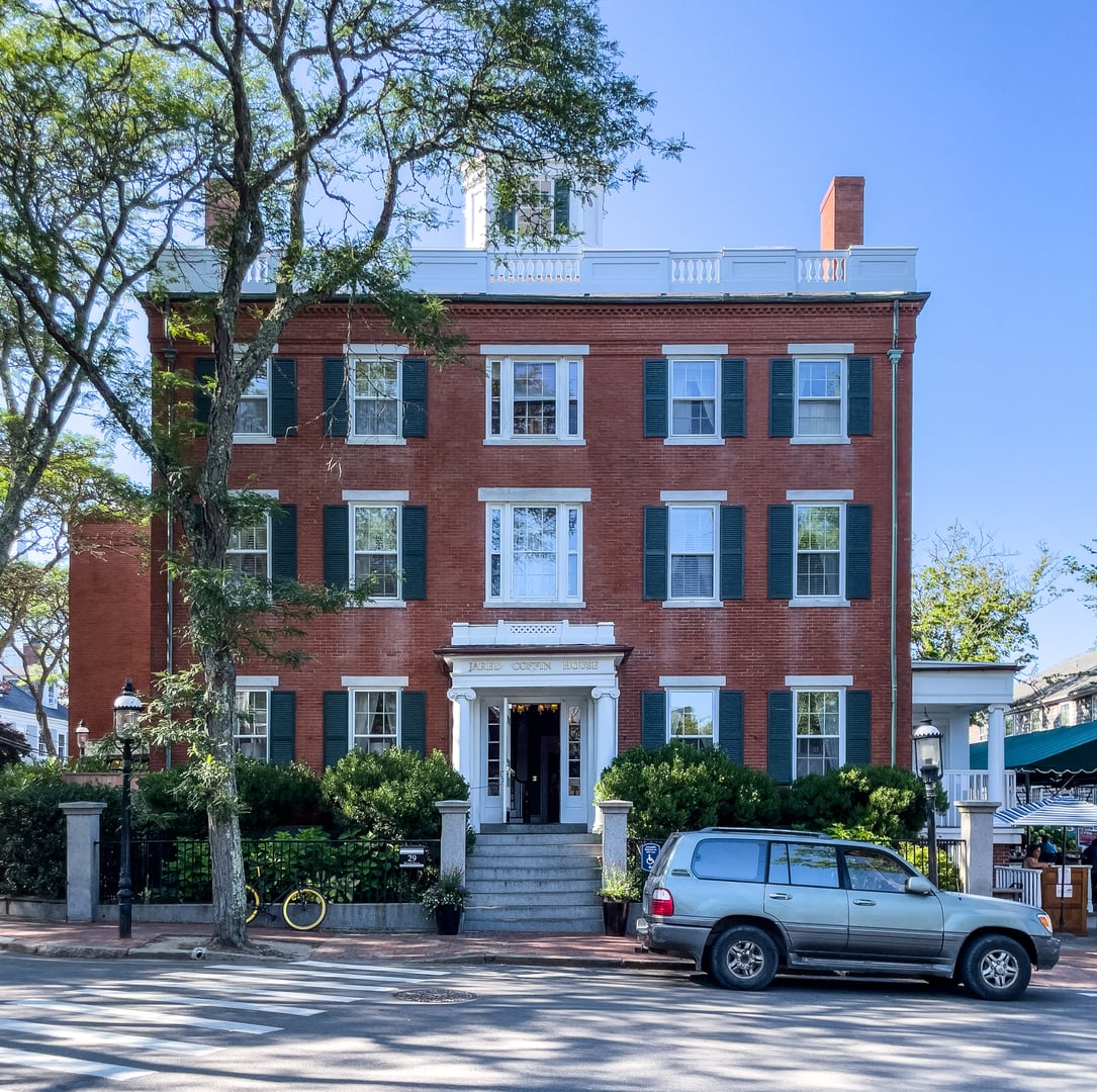 Exterior of the Jared Coffin House, an 1845 brick mansion and inn on Broad Street in Nantucket, Massachusetts