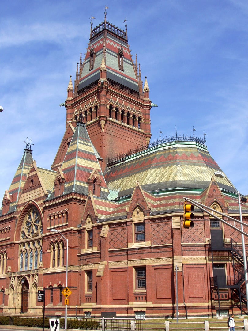 General exterior view of Memorial Hall, Harvard's 1878 High Victorian Gothic Civil War memorial designed by Ware and Van Brunt, Cambridge, Massachusetts